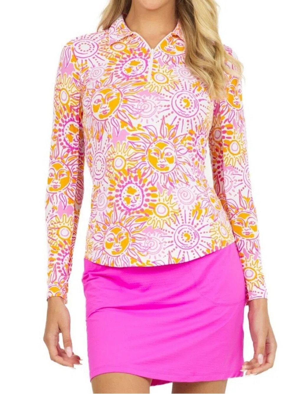 IBKUL UPF 50+ Sun Protection Pink Multi-Color Long Sleeve Zip Mock Neck Top XL
